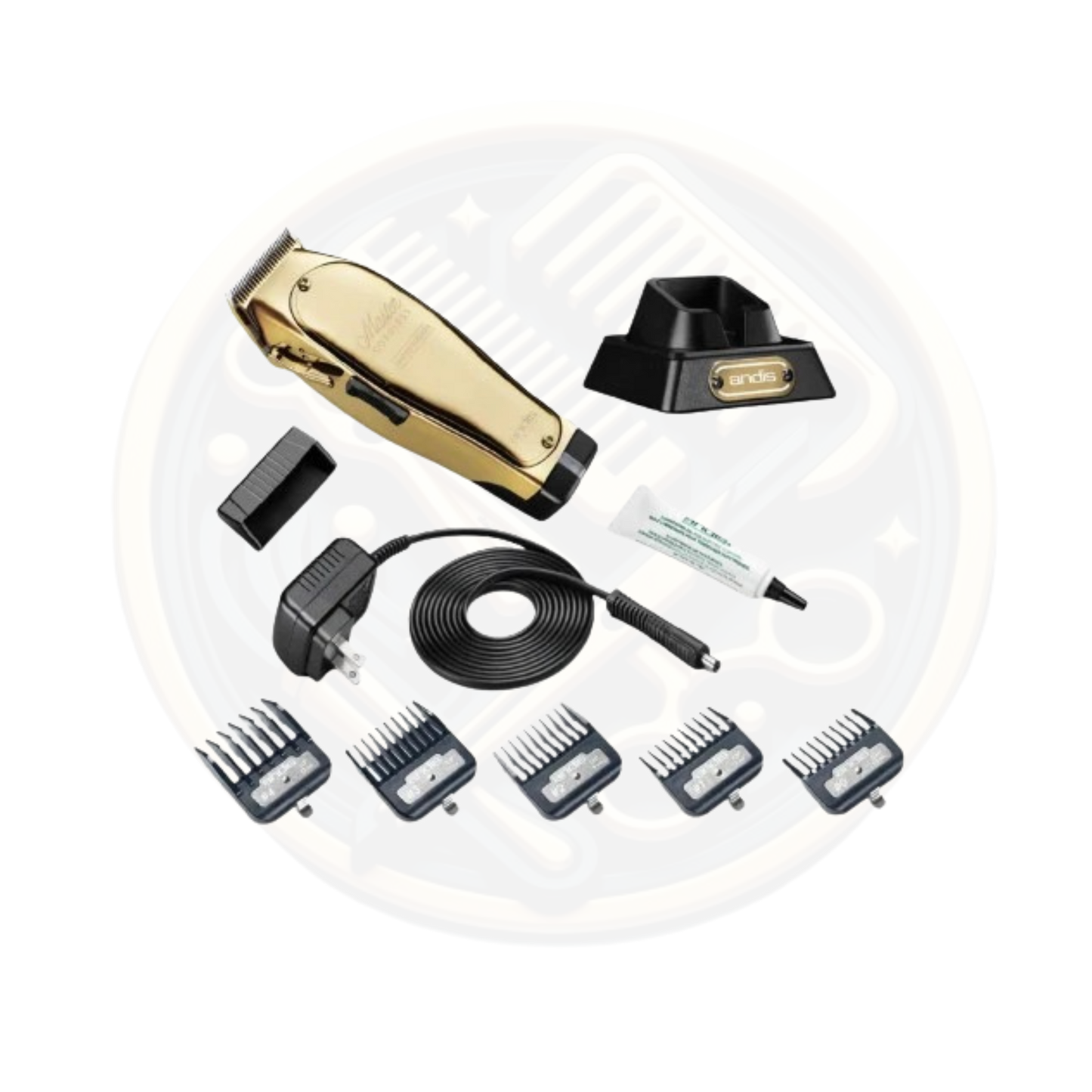 a view of the clipper, charger and heads, in the box of the GOLD ANDIS Master Cordless Clipper available to buy at https://bestbarbersupplies.co.uk