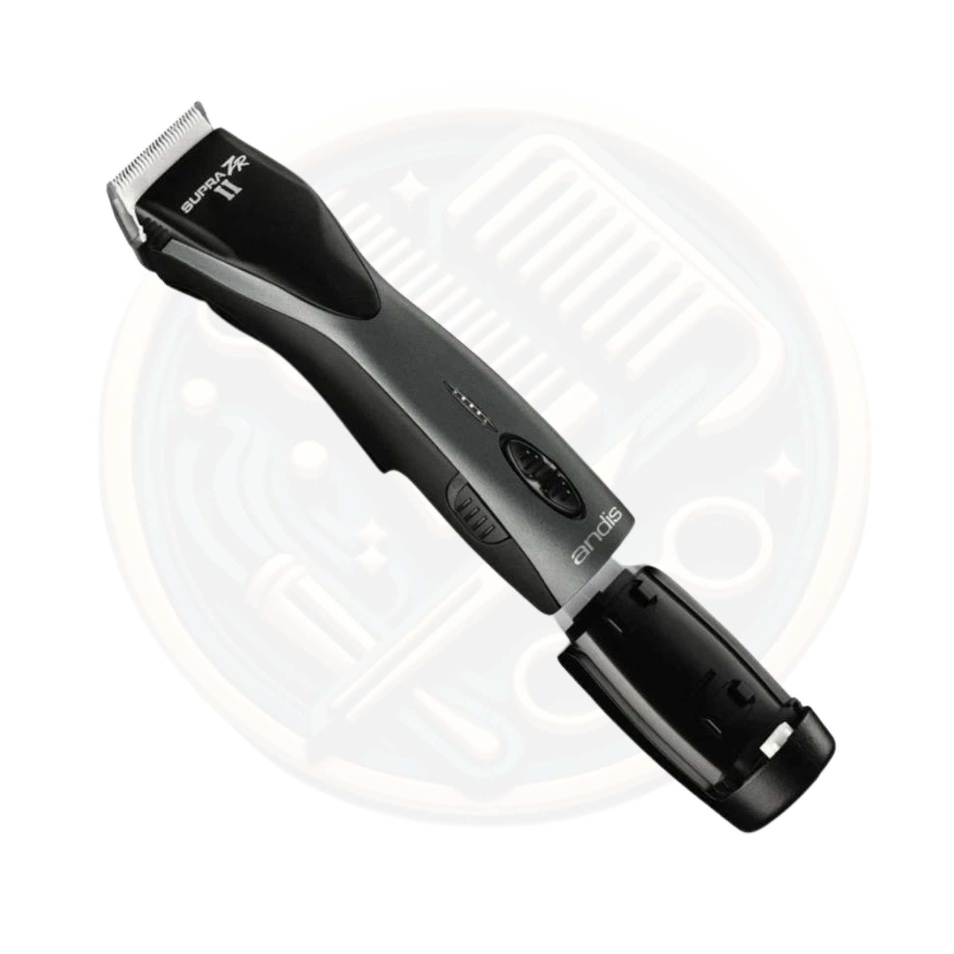 Find theANDIS Supra ZR II Cordless Detachable Blade Clipper Black Front side with battery available for sale and to buy from bestbarbersupplies.co.uk based in Whitechapel, East London, UK