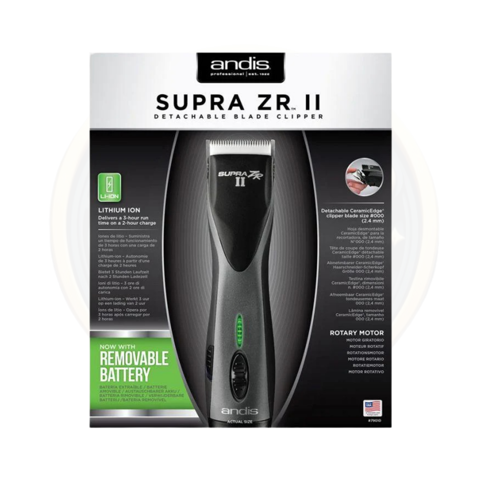 Find theANDIS Supra ZR II Cordless Detachable Blade Clipper Black the box available for sale and to buy from bestbarbersupplies.co.uk based in Whitechapel, East London, UK