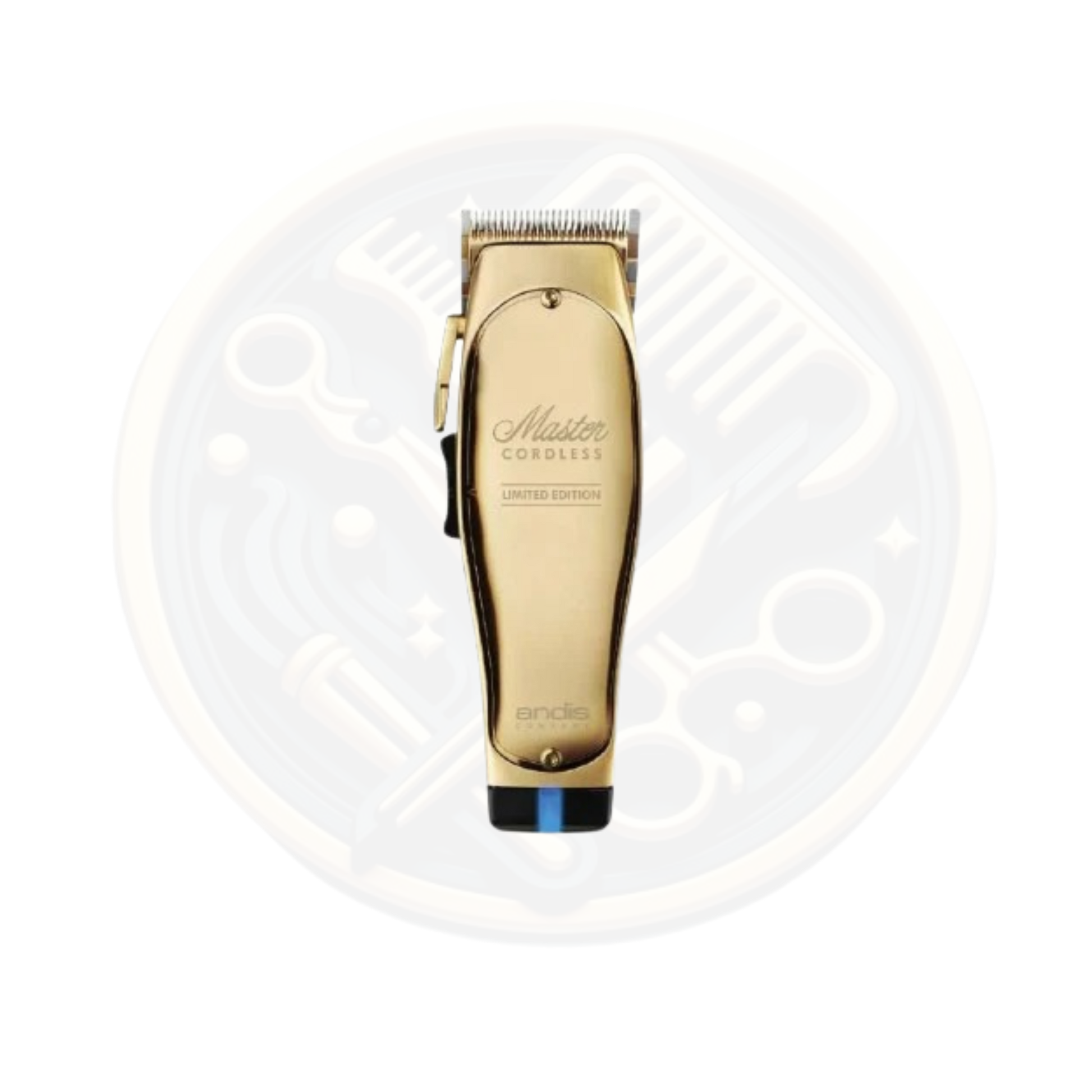 a front view of the GOLD ANDIS Master Cordless Clipper available to buy at https://bestbarbersupplies.co.uk