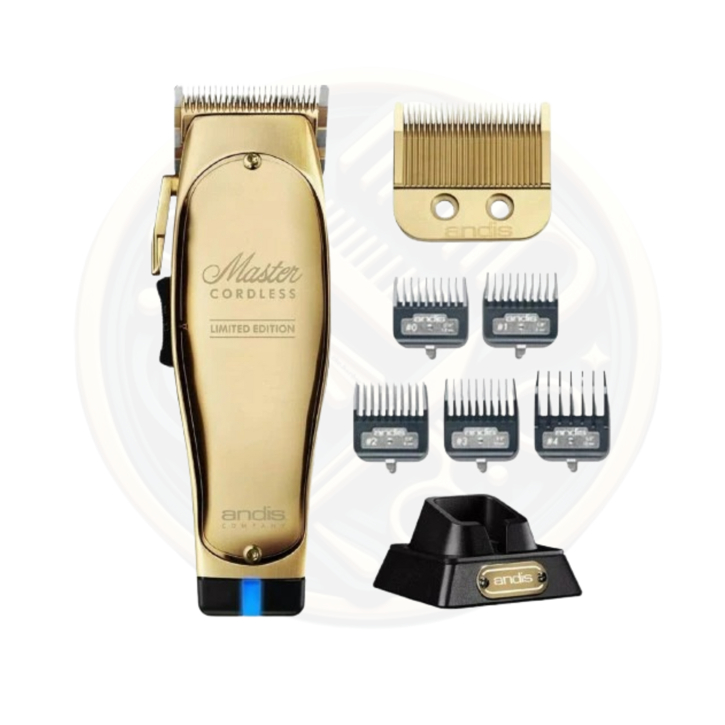 a view of the clipper, charger and heads of the GOLD ANDIS Master Cordless Clipper available to buy at https://bestbarbersupplies.co.uk