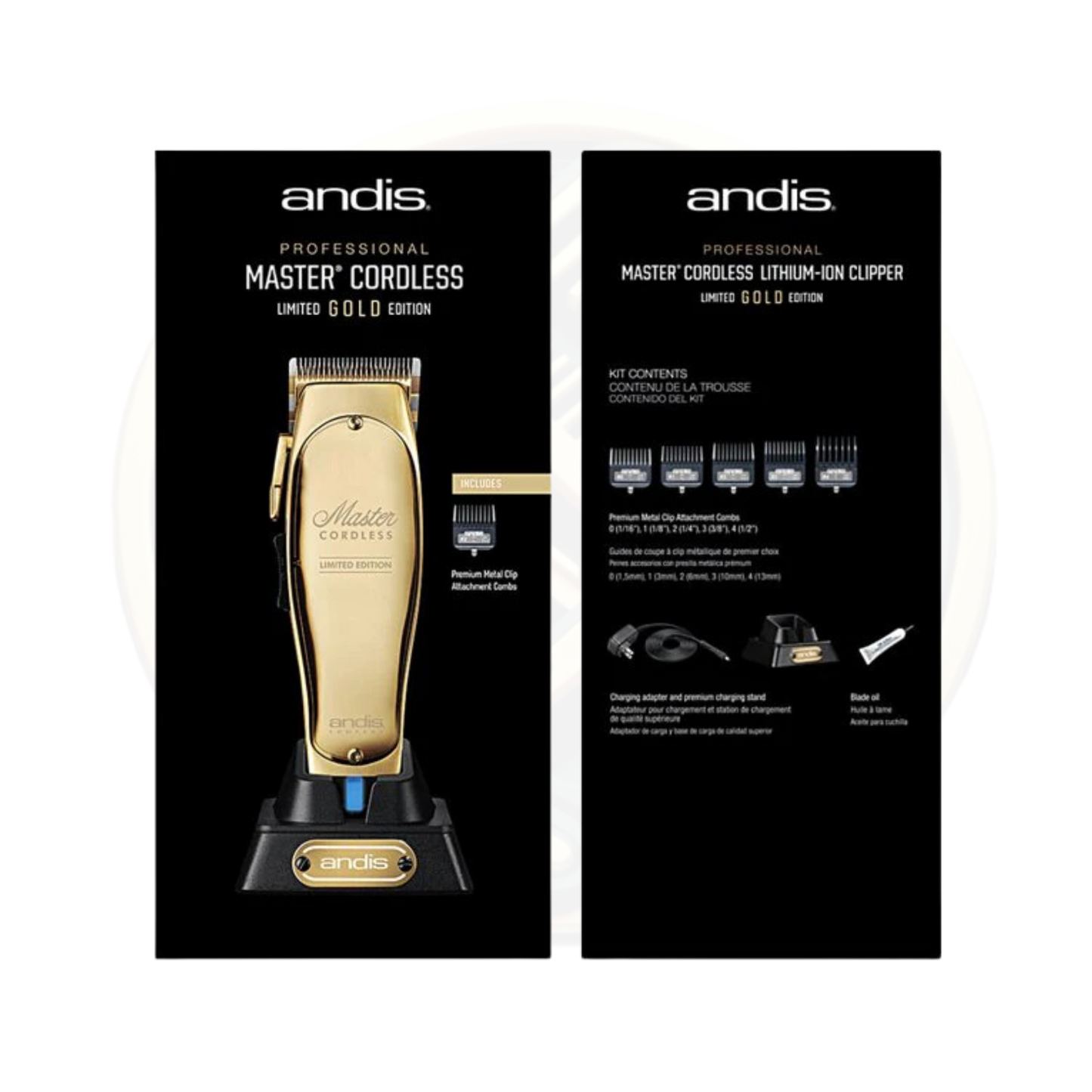 a view of the front and back of the box of the GOLD ANDIS Master Cordless Clipper available to buy at https://bestbarbersupplies.co.uk